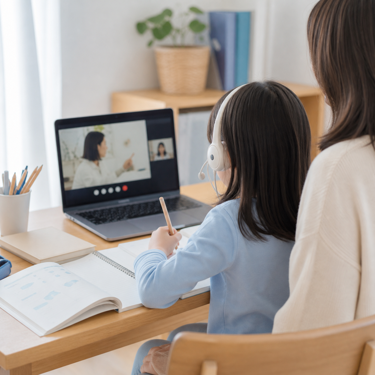 保護者が近くで見守るオンライン英語レッスン